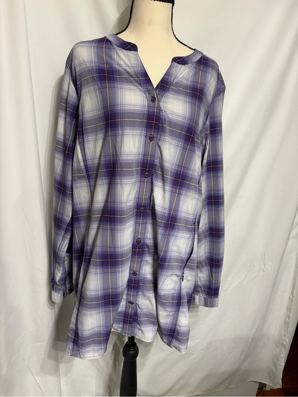Duluth Trading Co Women’s Purple Plaid Button-Front Shirt With Side Zip SZ XL